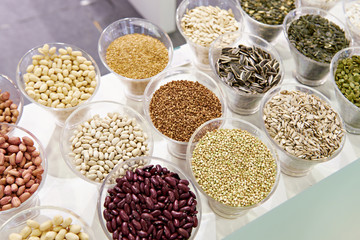 Seeds, beans and cereals in store