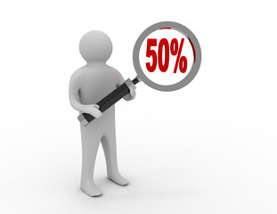3d people - man, person with magnifying glass and 50%