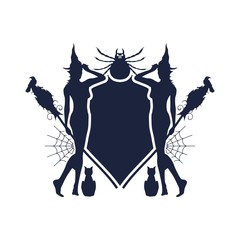 Abstract emblem with Halloween theme. Broomsticks, witches and field for text