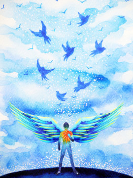 human angel wing mind heaven power watercolor painting illustration hand drawn