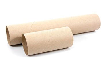 Short and long tissue paper core isolated on white background.It is two brown of toilet paper core isolated