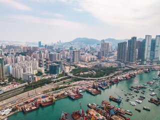 Fototapeta na wymiar Hong Kong City at aerial view in the sky