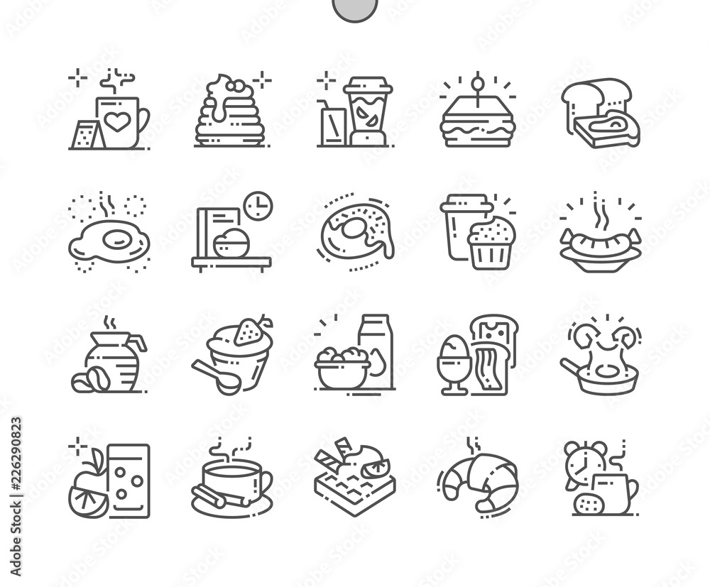 Poster breakfast well-crafted pixel perfect vector thin line icons 30 2x grid for web graphics and apps. si