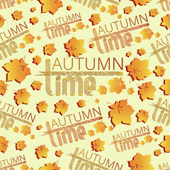 Autumn time. Falling leaves. Seamless pattern. Orange yellow leavesr on a light background with inscriptions. Design for background site, textiles and packaging materials.