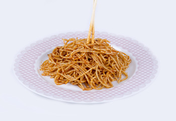 spaghetti with tomato sauce over white background