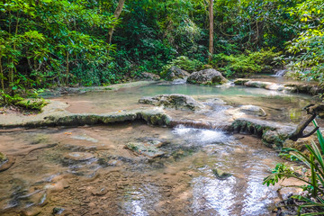 Deep forest waterfall in erawan national park kanchanaburi ,Thailand nature travel