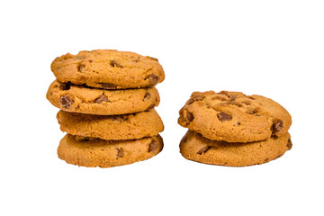 Fresh chocolate chip cookies isolated on white background