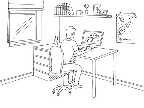 Boy playing computer game. Children room graphic black white interior sketch illustration vector