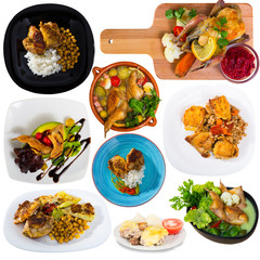 Set with dishes of delicious fried chicken  with  greens, garnish  and vegetables