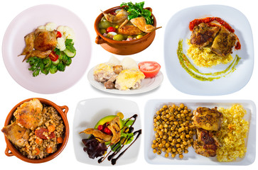 Tasty cooked dishes of  fried chicken and baked quail with  vegetables and garnish