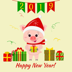 Happy New Year and Merry Christmas greeting card. A cute pig in Santa s hat and scarf is holding a box with a gift. Symbol of the new year in the Chinese calendar. 2019. Vector