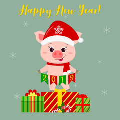 Happy New Year and Merry Christmas Greeting Card. Cute pig in Santa Claus hat and scarf holding flags 2019. Standing on the box with a gift. The symbol of the new year in the Chinese calendar. Vector