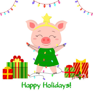 Happy New Year and Merry Christmas Greeting Card. A cute pig in the image of a Christmas tree is holding garlands, boxes of gifts. The symbol of the new year in the Chinese calendar. Vector