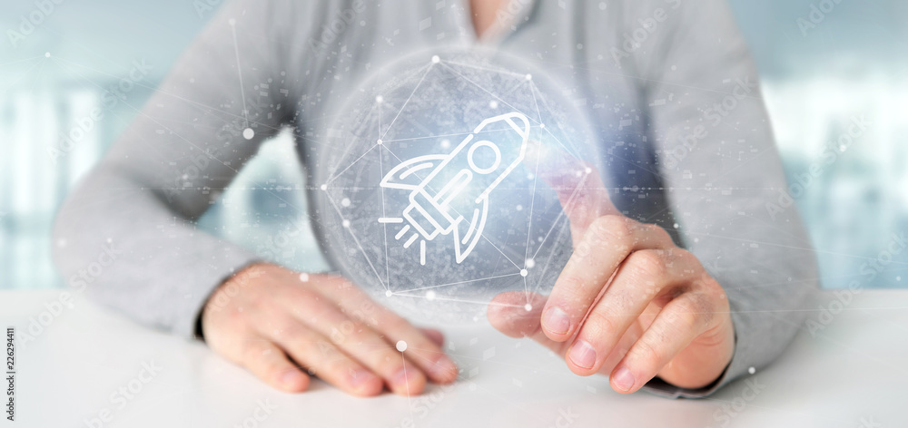 Poster businessman holding a start up rocket on a sphere 3d rendering