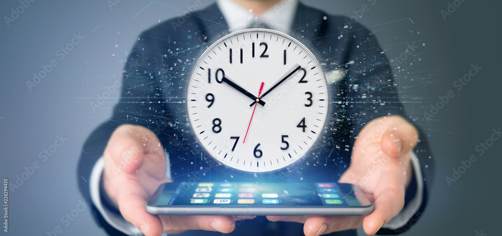 Poster man holding a clock timer 3d rendering
