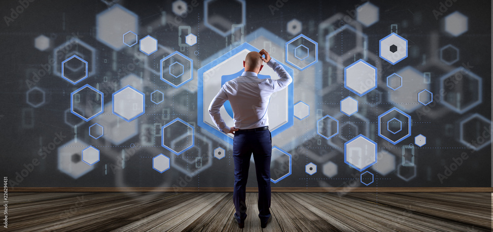 Poster man holding a shield web security concept 3d rendering