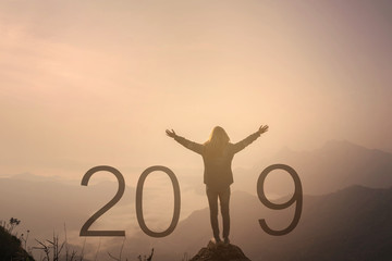 Young traveler standing and looking at beautiful landscape on top of mountain, New Year 2019 celebration concept