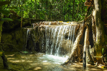 Deep forest waterfall in erawan national park kanchanaburi ,Thailand nature travel