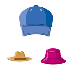 Vector illustration of headgear and cap symbol. Collection of headgear and accessory stock vector illustration.