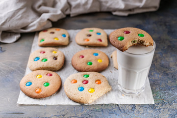 Homemade cookies with chocolate chips and milk. Cook at home