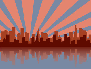 Red and blue city skyline silhouette