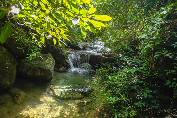 Deep forest waterfall in erawan national park kanchanaburi ,Thailand nature travel