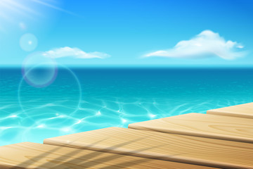 Wharf near calm ocean or sea and sky with sunshine bleak. Pier with palm shadow near water and clouds. Wooden dock, jetty at tropical beach. Maritime and seaside, seacoast and shore, summer theme