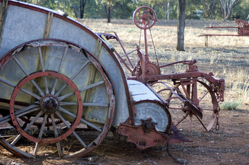 Abstract antiquated farm equipment in community park, Quorn, South Australia