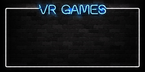 Vector realistic isolated neon sign of VR Games frame logo for decoration and covering on the wall background. Concept of game, cyberspace and virtual reality entertainment experience.