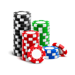 Stack of realistic empty chips for casino or pile of blank 3d gambling tokens. Volumetric heap of money or cash for games like poker and blackjack, roulette. Betting club and gamble, winning theme