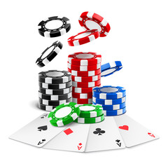 Aces lying near realistic casino chips or playing cards of different suits and stack of falling gambling 3d tokens for blackjack or sport poker. Gaming and gamble, luck and winning theme © Sensvector