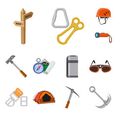 Vector illustration of mountaineering and peak symbol. Set of mountaineering and camp stock vector illustration.