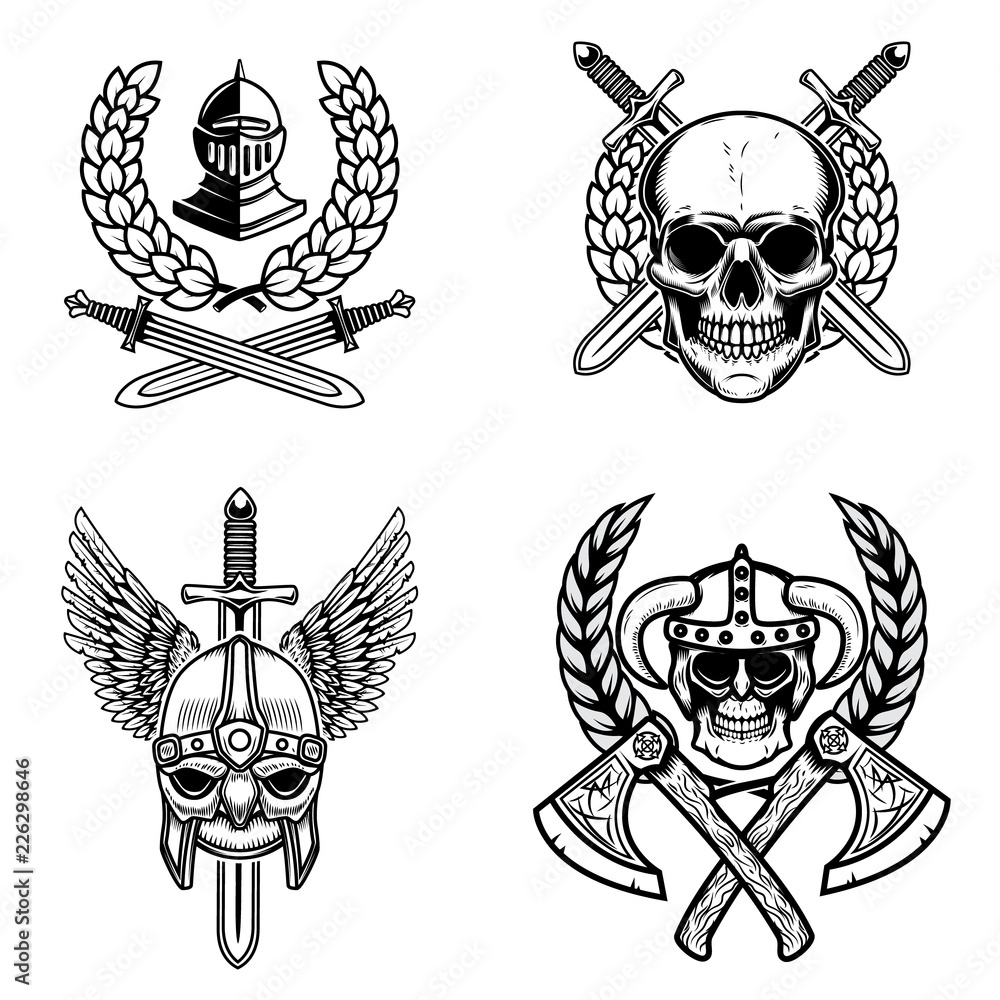 Wall mural set of emblems with viking ancient weapon. design element for logo, label, emblem, sign, poster.