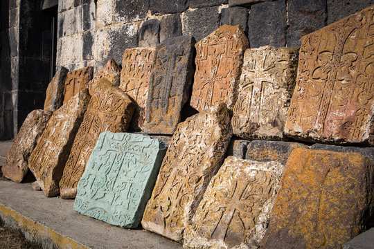 Cross-stone, khachkar, at Sevan monastery in Armenia