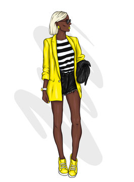 A tall slender girl in short shorts, a jacket and high-heeled shoes. Beautiful model in stylish clothes. Vector illustration for a postcard or a poster, print for clothes.
