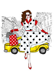 A girl in a beautiful vintage dress with shopping bags. Vector illustration. Clothing and accessories, vintage and retro. Taxi. - 226299268