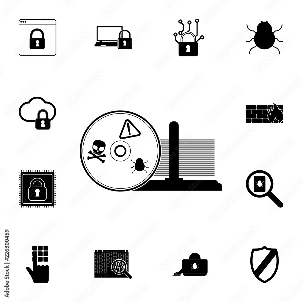 Poster bugs on cd icon. detailed set of cyber security. premium graphic design. one of the collection icons