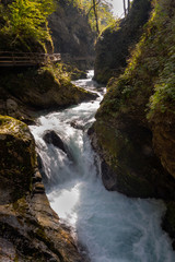 Obraz premium Wooden bridge and green river,Vintgar gorge,Slovenia,Europe