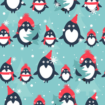 Seamless pattern, penguins, fir trees, snow, hand drawn overlapping backdrop. Colorful background vector. Design illustration. Decorative wallpaper, good for printing. Happy New Year. Winter time