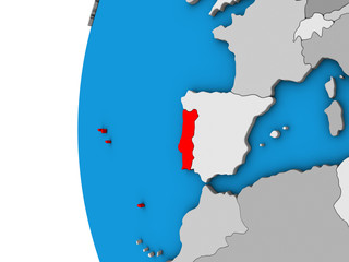 Portugal on blue political 3D globe.