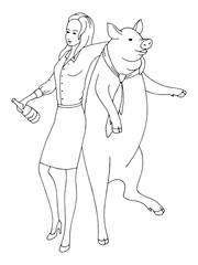 Drunk woman dancing with a pig and celebrating new year graphic black white sketch illustration vector