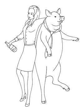 Drunk woman dancing with a pig and celebrating new year graphic black white sketch illustration vector