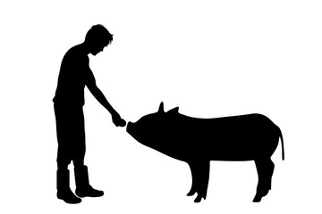 Vector silhouette of man with pig white background.