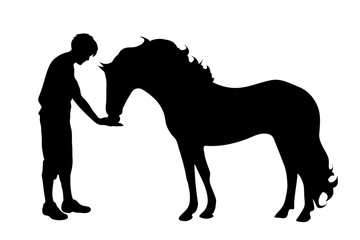 Vector silhouette of man with horse white background.
