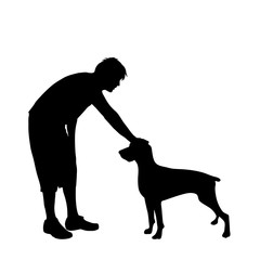 Vector silhouette of man with dog white background.