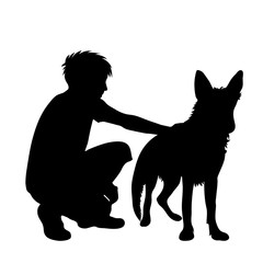 Vector silhouette of man with dog white background.