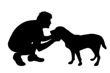 Vector silhouette of man with dog white background.