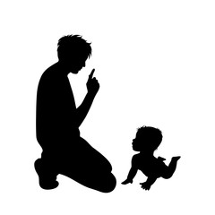 Vector silhouette of father with baby on white background.
