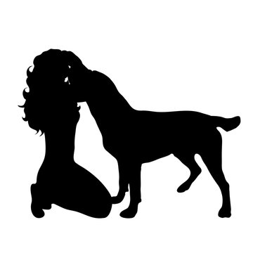 Vector silhouette of sad woman with dog white background.