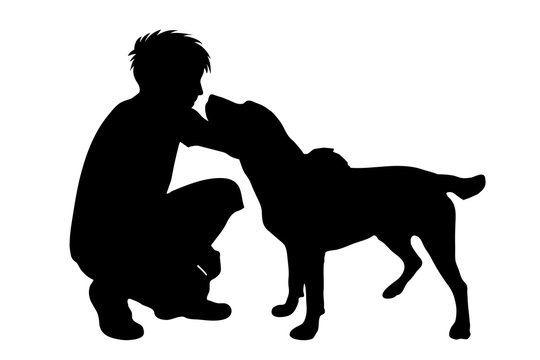 recommend clip art: Vector silhouette of man with dog white background.